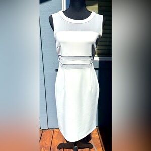 Spense Stunning White Midi Dress with waistline transparent accent.